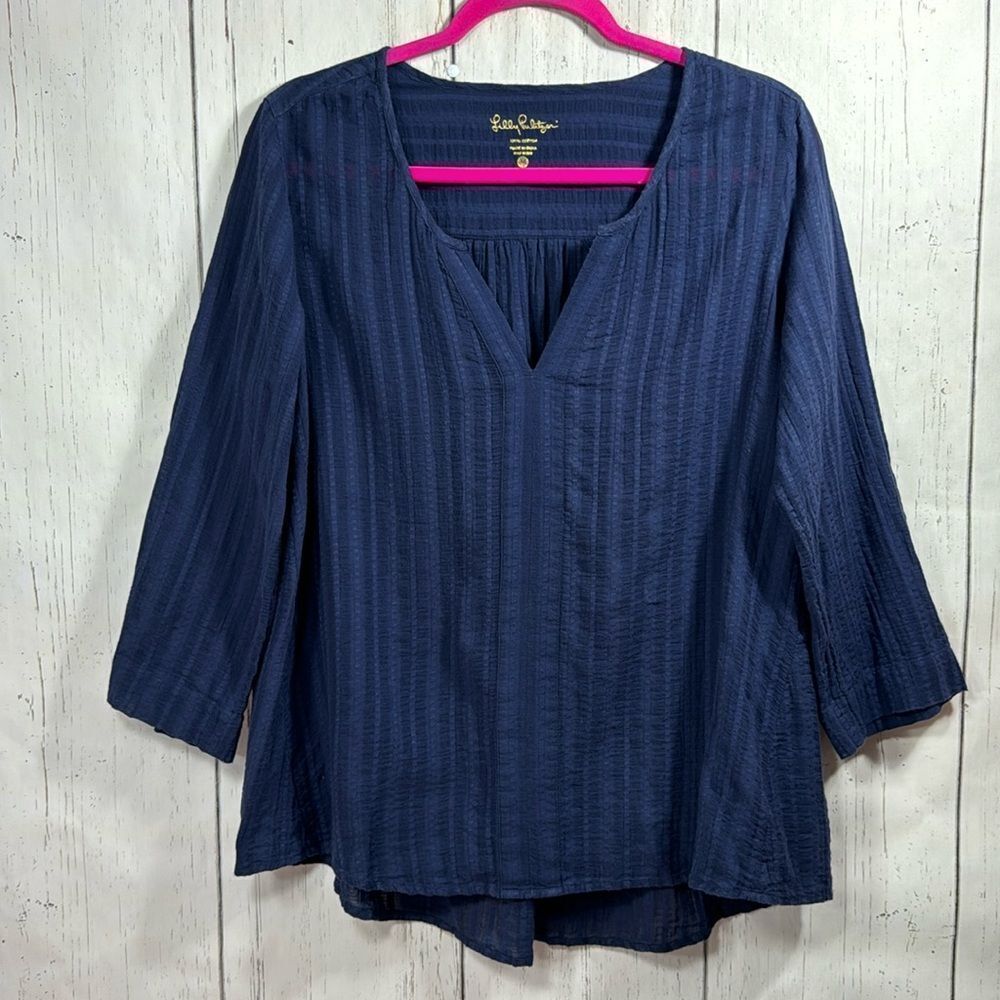 Lilly Pulitzer Nalani  Blue Tunic Blouse V Neck Long Sleeve Cotton Boho High Low